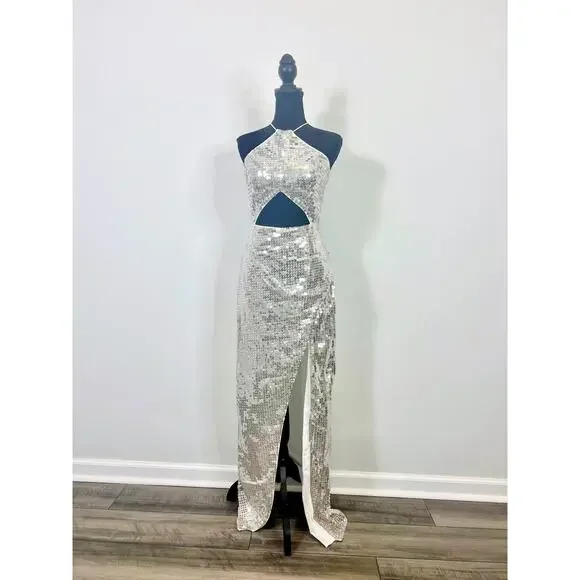 Majorelle Jovanna Maxi Dress in Silver Large Embellished Gown Sequin Cut  Out